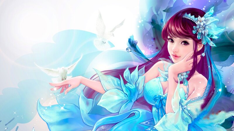 Woman with Blue Dress — Serene, Digital Art, Doves