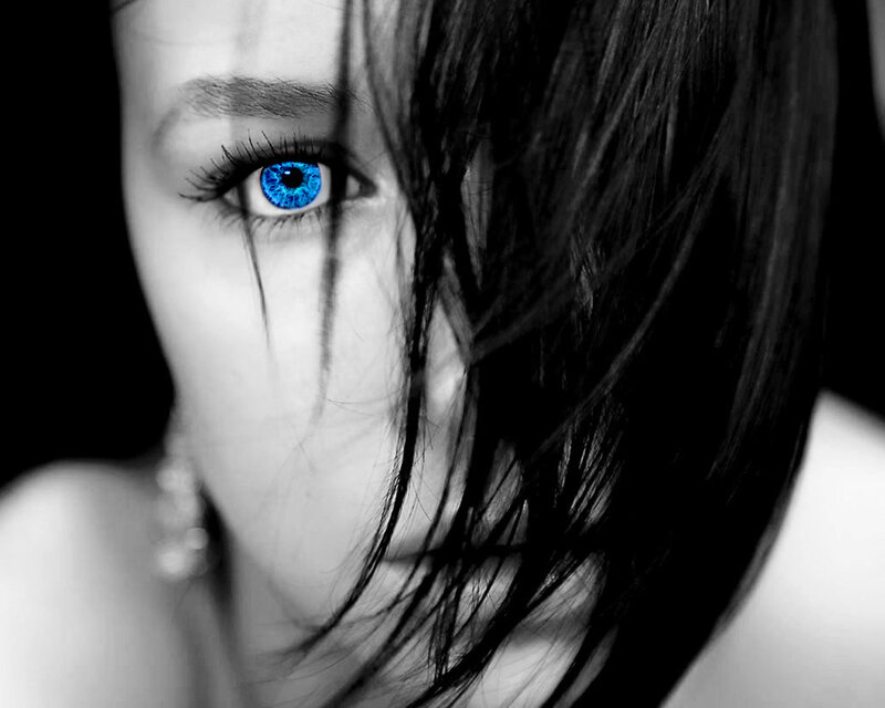 Woman with Blue Eye — Black, Dramatic, Photograph, Hair, Earring