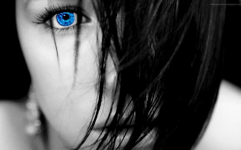 Woman with Blue Eye — Black, Dramatic, Photograph, Hair, Earring, White