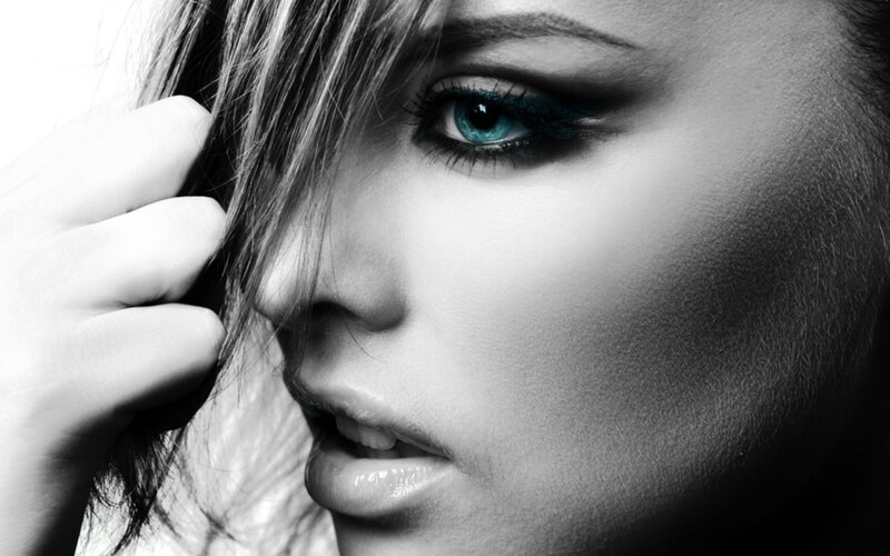 Woman with Blue Eye — Black, Dramatic, Photograph, Hair, Hand, White