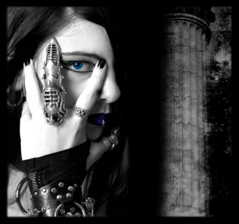 Woman with Blue Eye — Black, Dramatic, Photograph, Hand, Ring