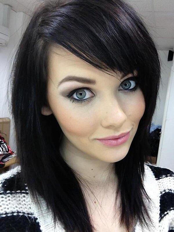 woman with blue eyes and dark hair