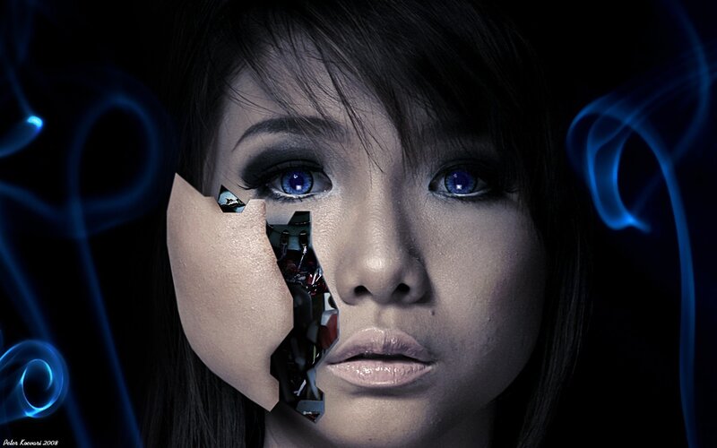 woman with blue eyes and digital face