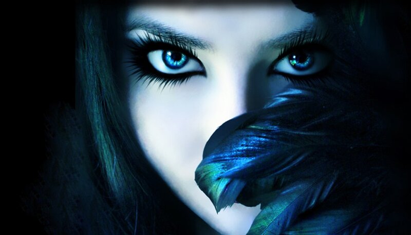 woman with blue eyes and feathers