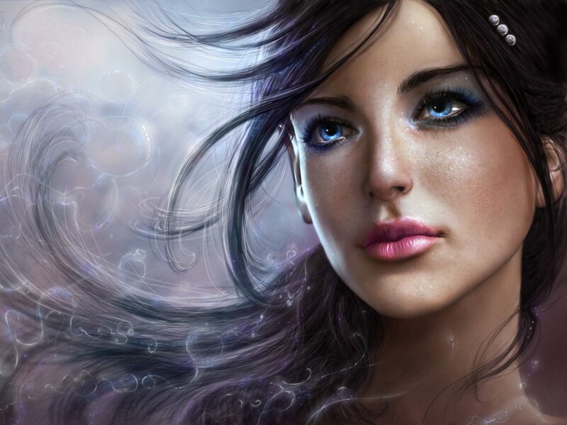 woman with blue eyes and flowing hair