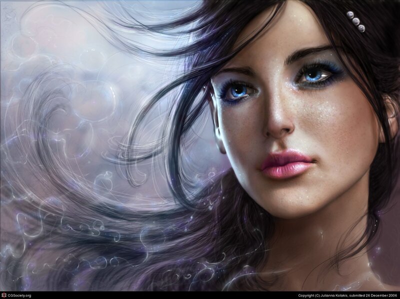 woman with blue eyes and flowing hair