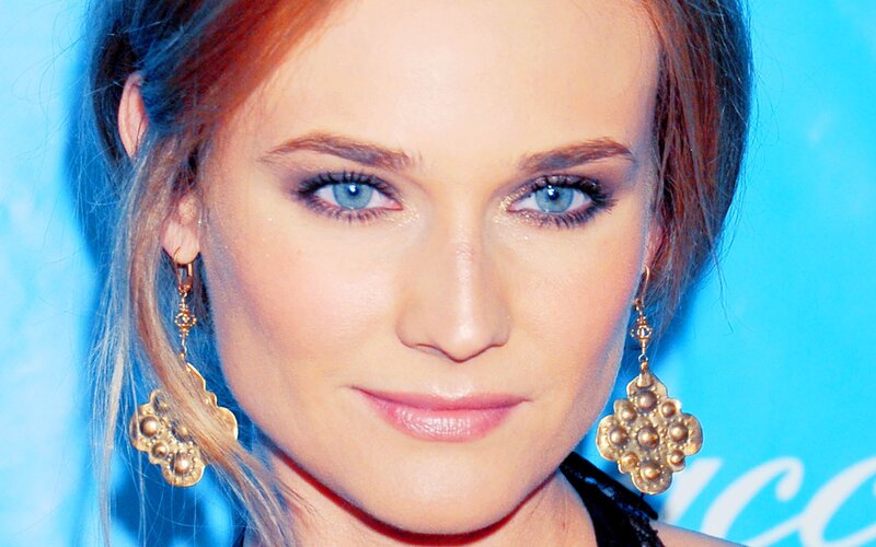 woman with blue eyes and gold earrings