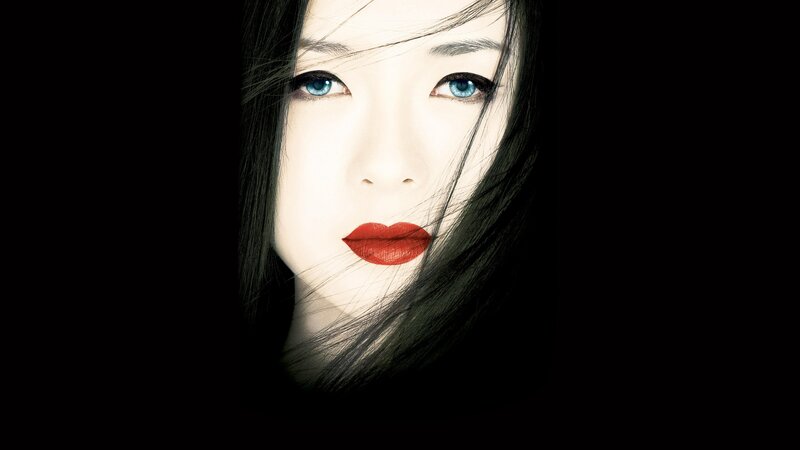 woman with blue eyes and red lips
