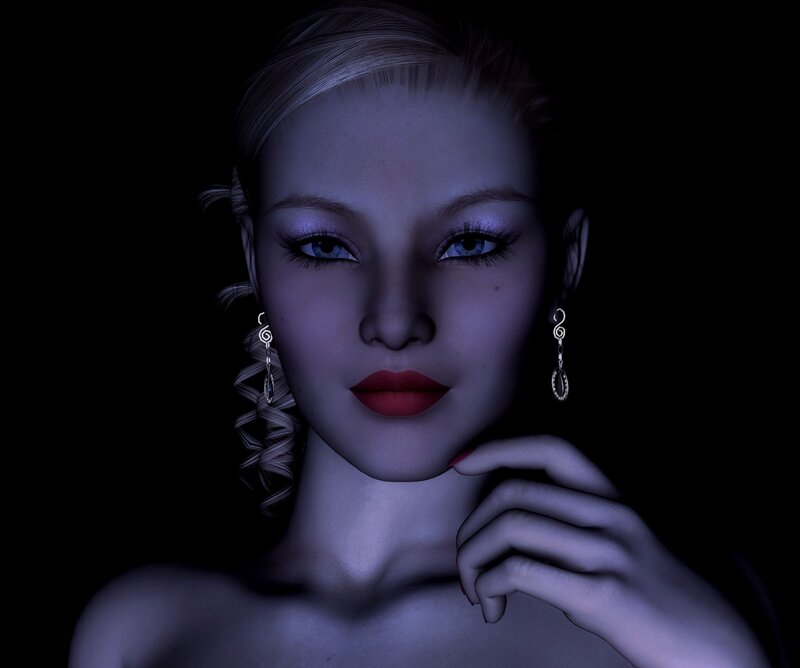 woman with blue eyes and red lips