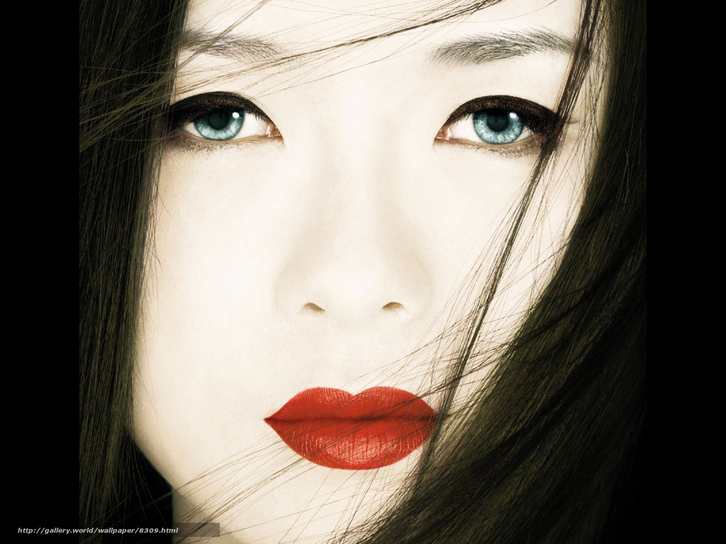 woman with blue eyes and red lips