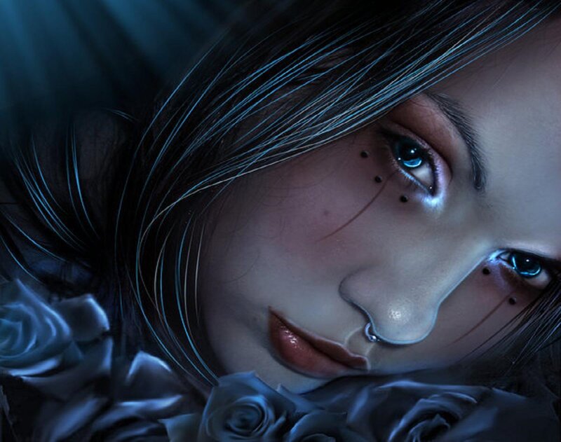 woman with blue eyes and roses