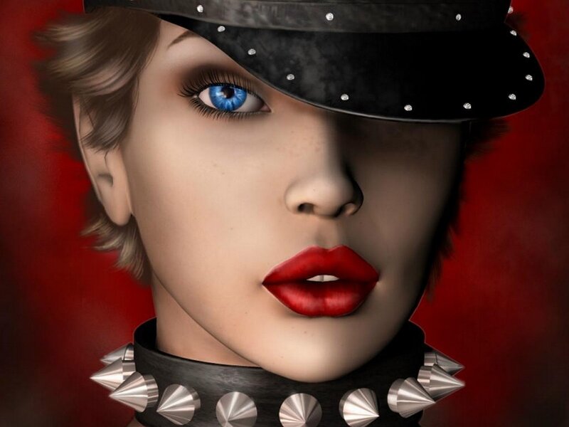 woman with blue eyes and studded hat