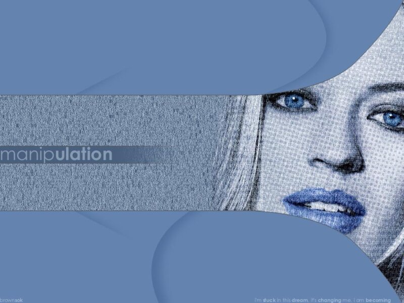 woman with blue eyes and text