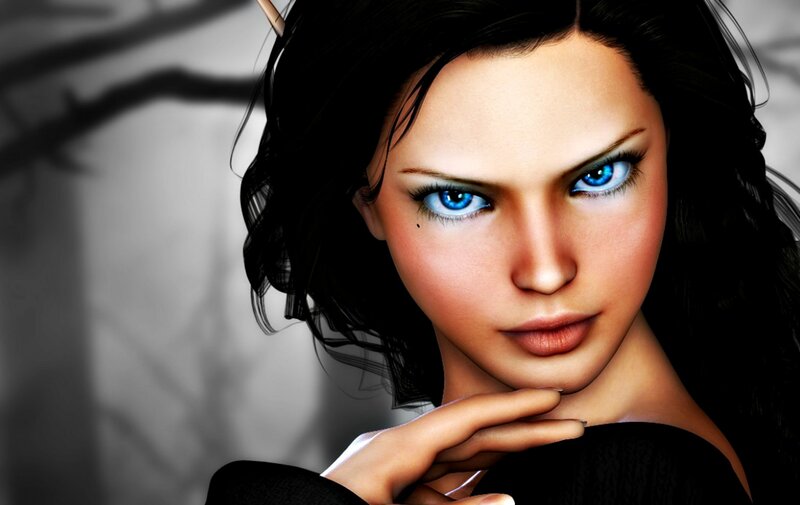 Woman with Blue Eyes — Black, Dramatic, 3d Render, Dark Hair