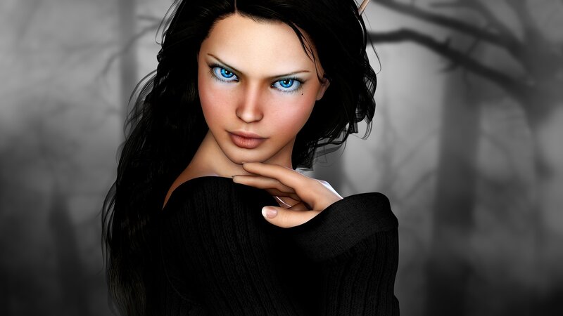 Woman with Blue Eyes — Black, Dramatic, 3d Render, Long Hair