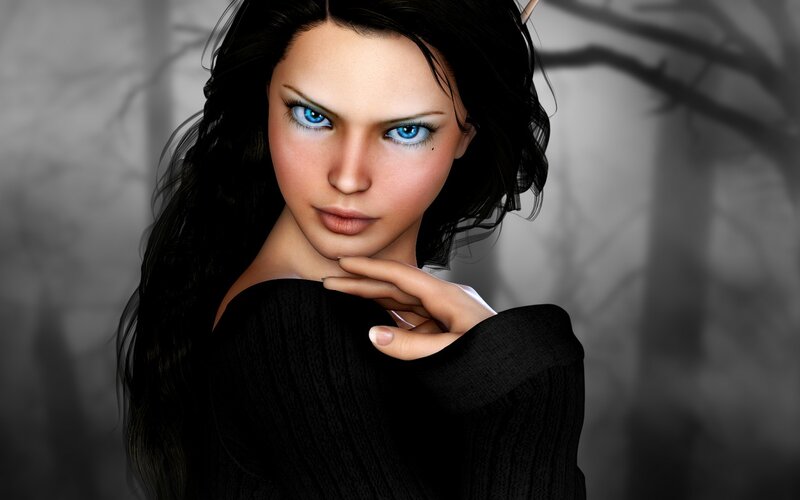 Woman with Blue Eyes — Black, Dramatic, 3d Render