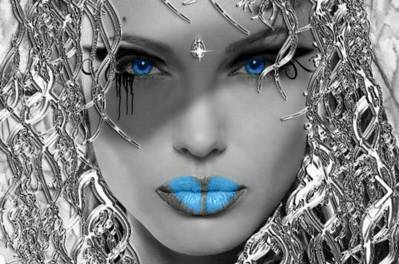 Woman with Blue Eyes — Black, Dramatic, Digital Art, Blue Eyes, Blue Lips