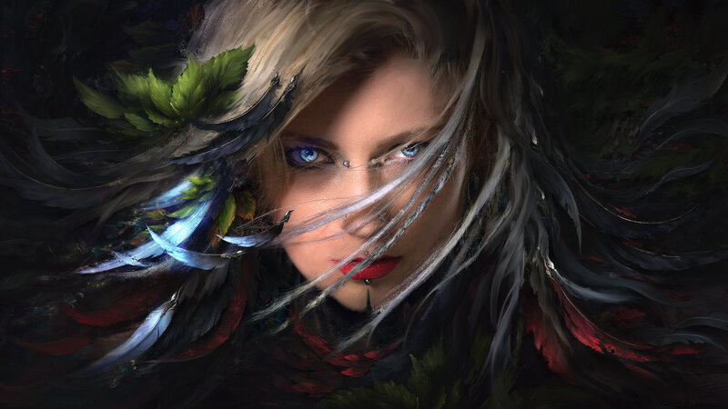 Woman with Blue Eyes — Black, Dramatic, Digital Art, Blue Eyes, Red Lips