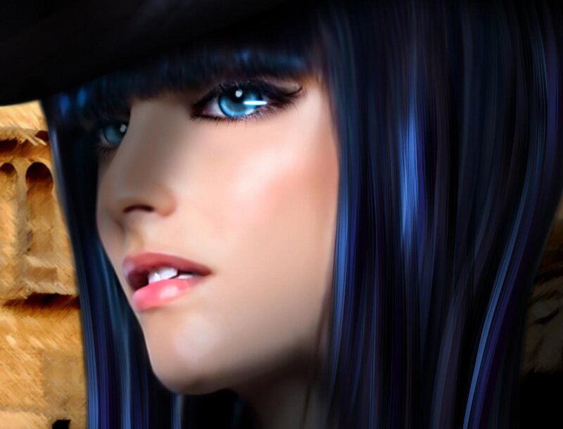 Woman with Blue Eyes — Black, Dramatic, Digital Art, Blue Hair