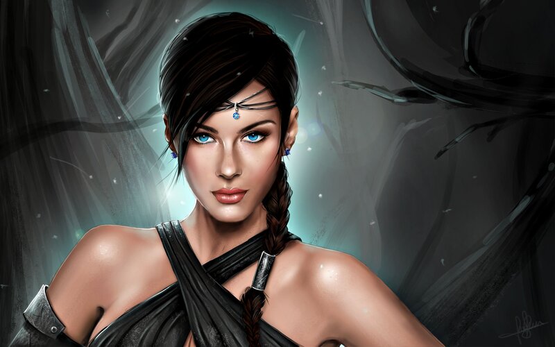 Woman with Blue Eyes — Black, Dramatic, Digital Art, Braided Hair