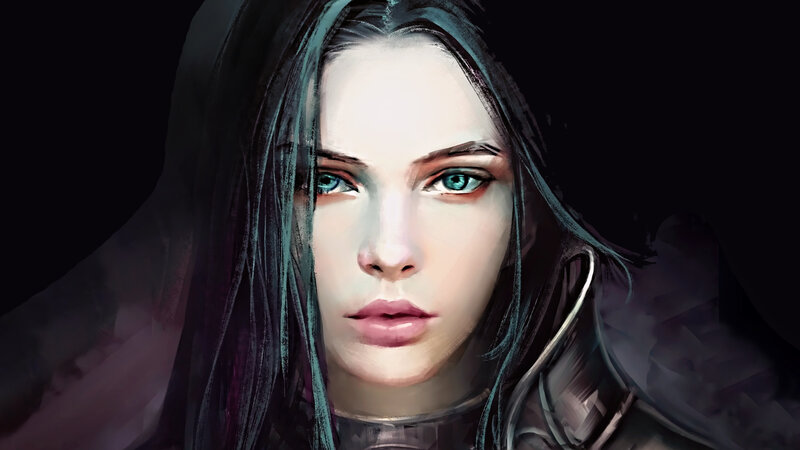 Woman with Blue Eyes — Black, Dramatic, Digital Art, Dark Hair, Armor