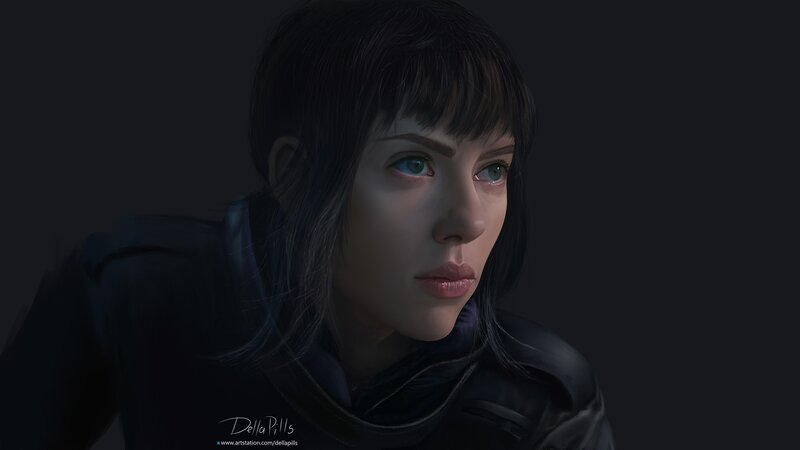 Woman with Blue Eyes — Black, Dramatic, Digital Art, Dark Hair, Black Jacket