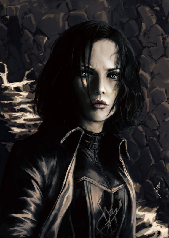 Woman with Blue Eyes — Black, Dramatic, Digital Art, Dark Hair, Leather Jacket
