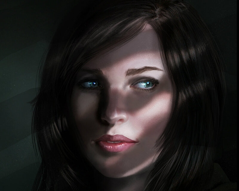 Woman with Blue Eyes — Black, Dramatic, Digital Art, Dark Hair