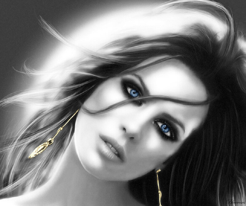 Woman with Blue Eyes — Black, Dramatic, Digital Art, Earring