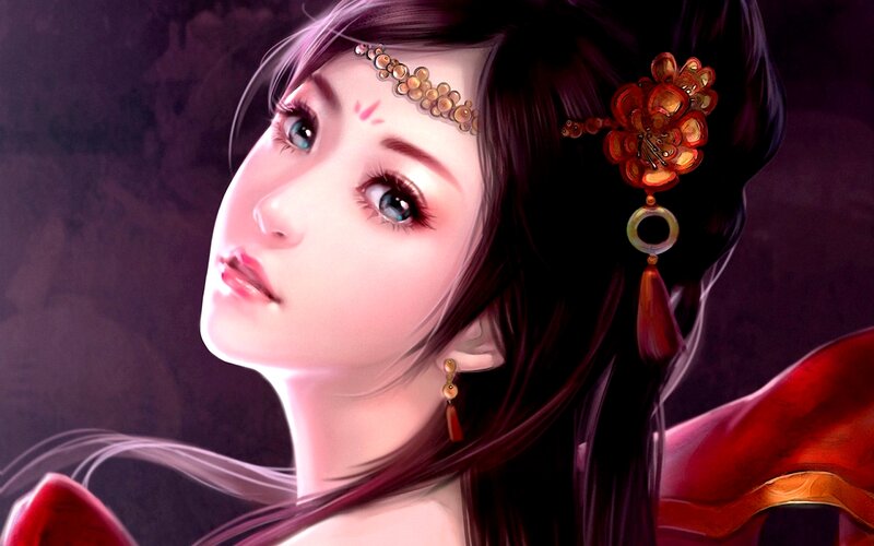 Woman with Blue Eyes — Black, Dramatic, Digital Art, Hair Ornament