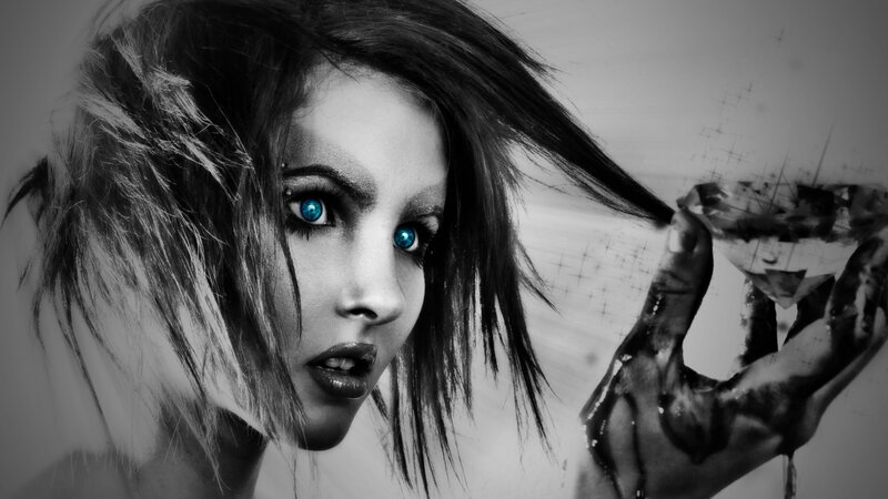 Woman with Blue Eyes — Black, Dramatic, Digital Art, Hand