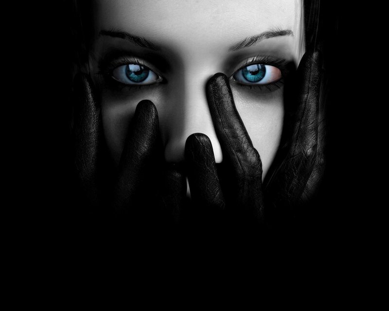 Woman with Blue Eyes — Black, Dramatic, Digital Art, Hands, Face