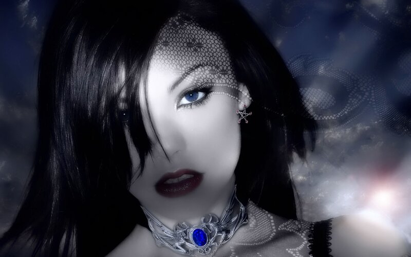 Woman with Blue Eyes — Black, Dramatic, Digital Art, Lace Veil, Choker