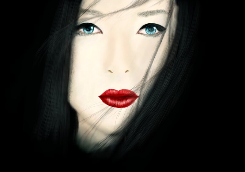 Woman with Blue Eyes — Black, Dramatic, Digital Art, Red Lips