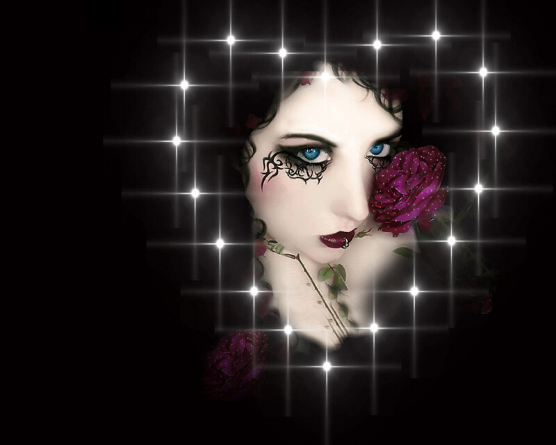 Woman with Blue Eyes — Black, Dramatic, Digital Art, Rose