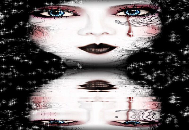 Woman with Blue Eyes — Black, Dramatic, Digital Art, Tear