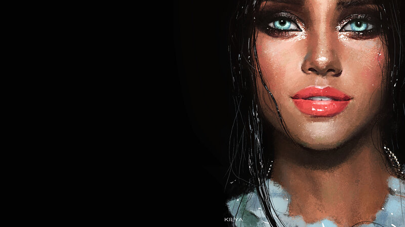Woman with Blue Eyes — Black, Dramatic, Digital Art, Wet Hair