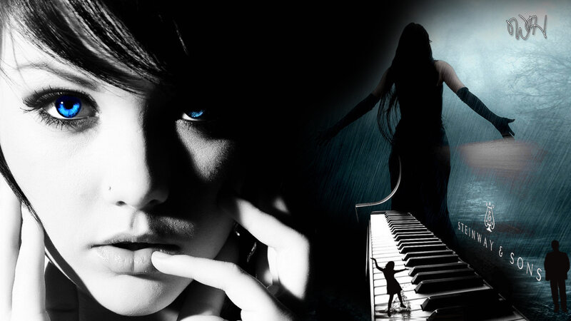 Woman with Blue Eyes — Black, Dramatic, Night, Digital Art, Piano Keys