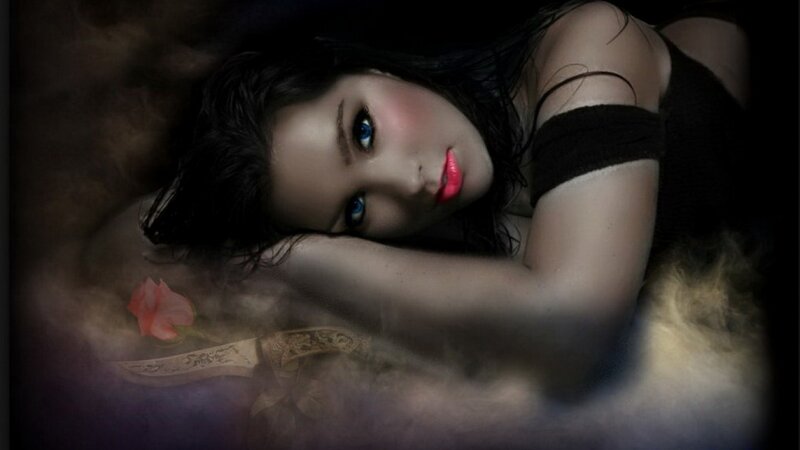 Woman with Blue Eyes — Black, Dramatic, Night, Digital Art, Rose, Knife