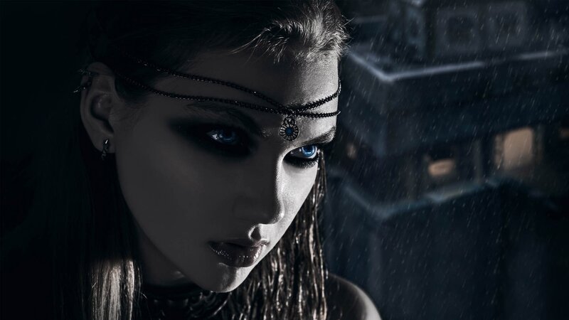 Woman with Blue Eyes — Black, Dramatic, Night, Photograph, Rain