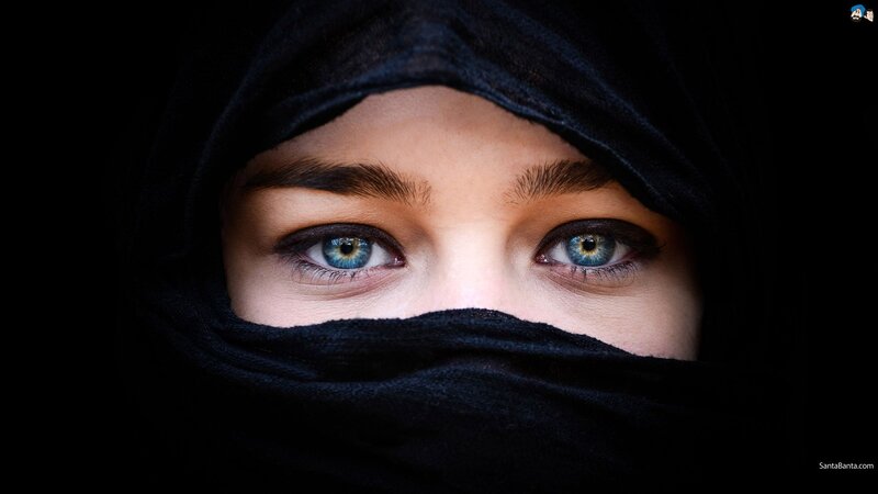 Woman with Blue Eyes — Black, Dramatic, Photograph, Black Cloth
