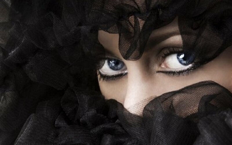 Woman with Blue Eyes — Black, Dramatic, Photograph, Black Veil, Makeup