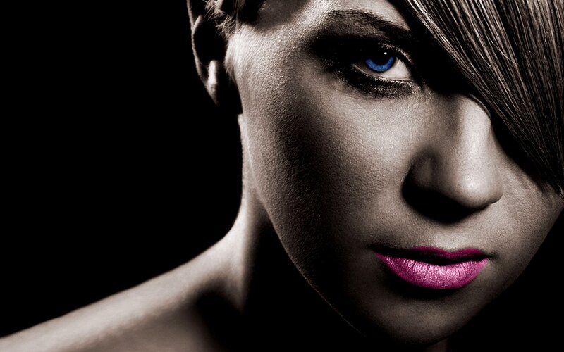 Woman with Blue Eyes — Black, Dramatic, Photograph, Blue Eyes, Pink Lips