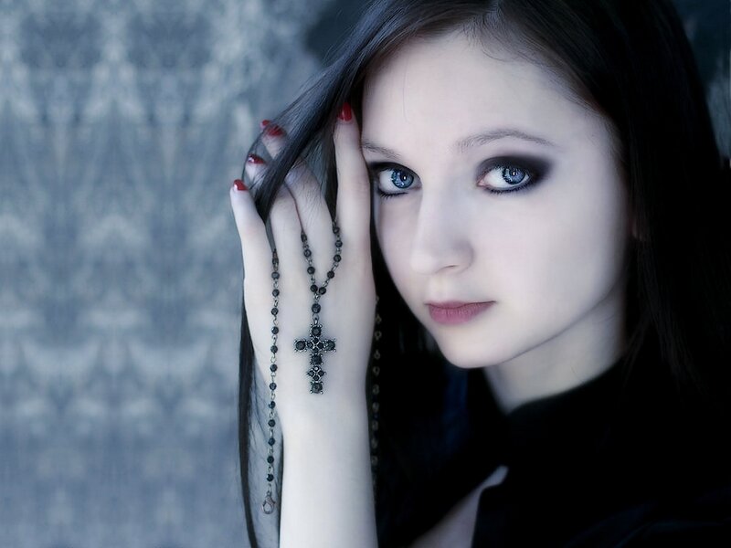 Woman with Blue Eyes — Black, Dramatic, Photograph, Cross Necklace