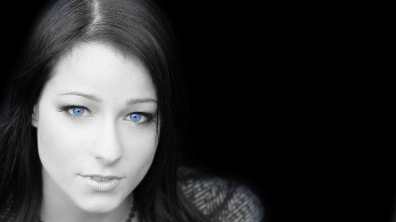 Woman with Blue Eyes — Black, Dramatic, Photograph, Hair, Black Background