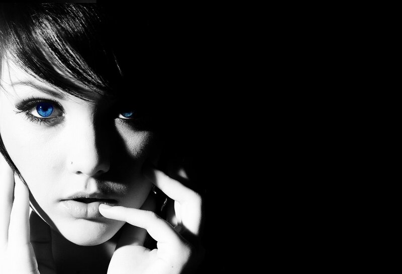 Woman with Blue Eyes — Black, Dramatic, Photograph, Hand, Hair, White