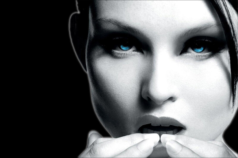 Woman with Blue Eyes — Black, Dramatic, Photograph, Hands
