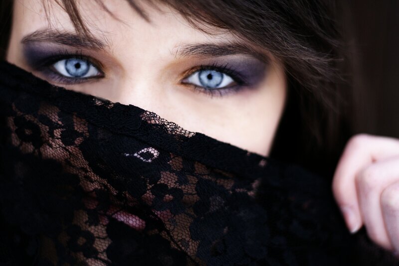 Woman with Blue Eyes — Black, Dramatic, Photograph, Lace Veil