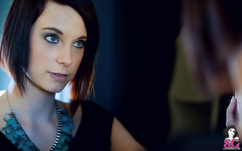 Woman with Blue Eyes — Black, Dramatic, Photograph, Necklace, Lip Piercing