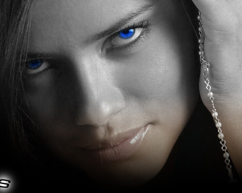 Woman with Blue Eyes — Black, Dramatic, Photograph, Necklace
